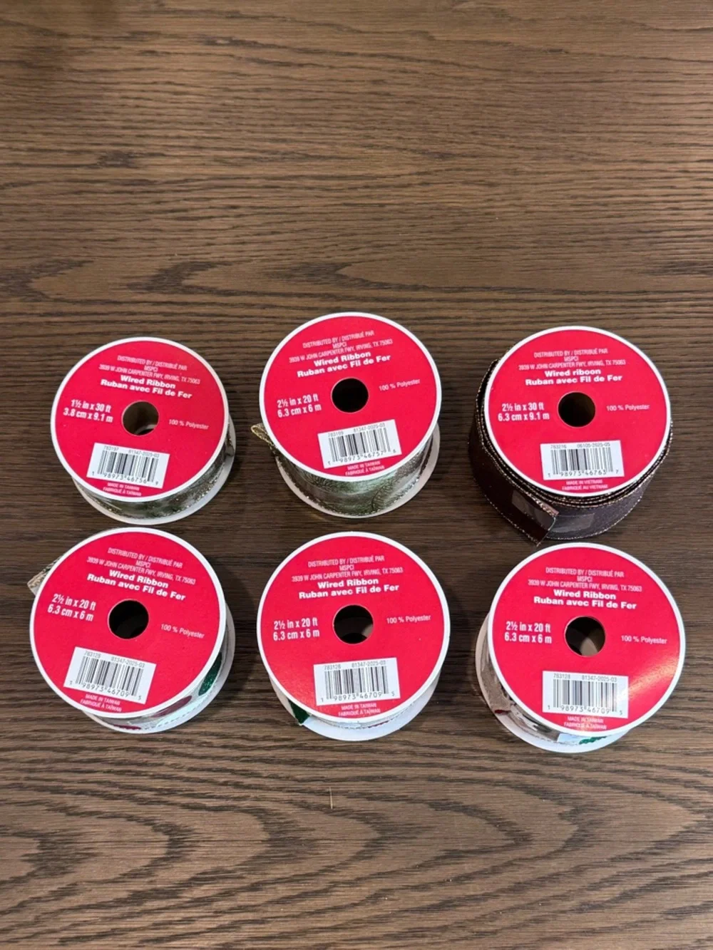Assorted Wired Holiday Ribbon - Red, Green, White, Gold, Silver , Brown